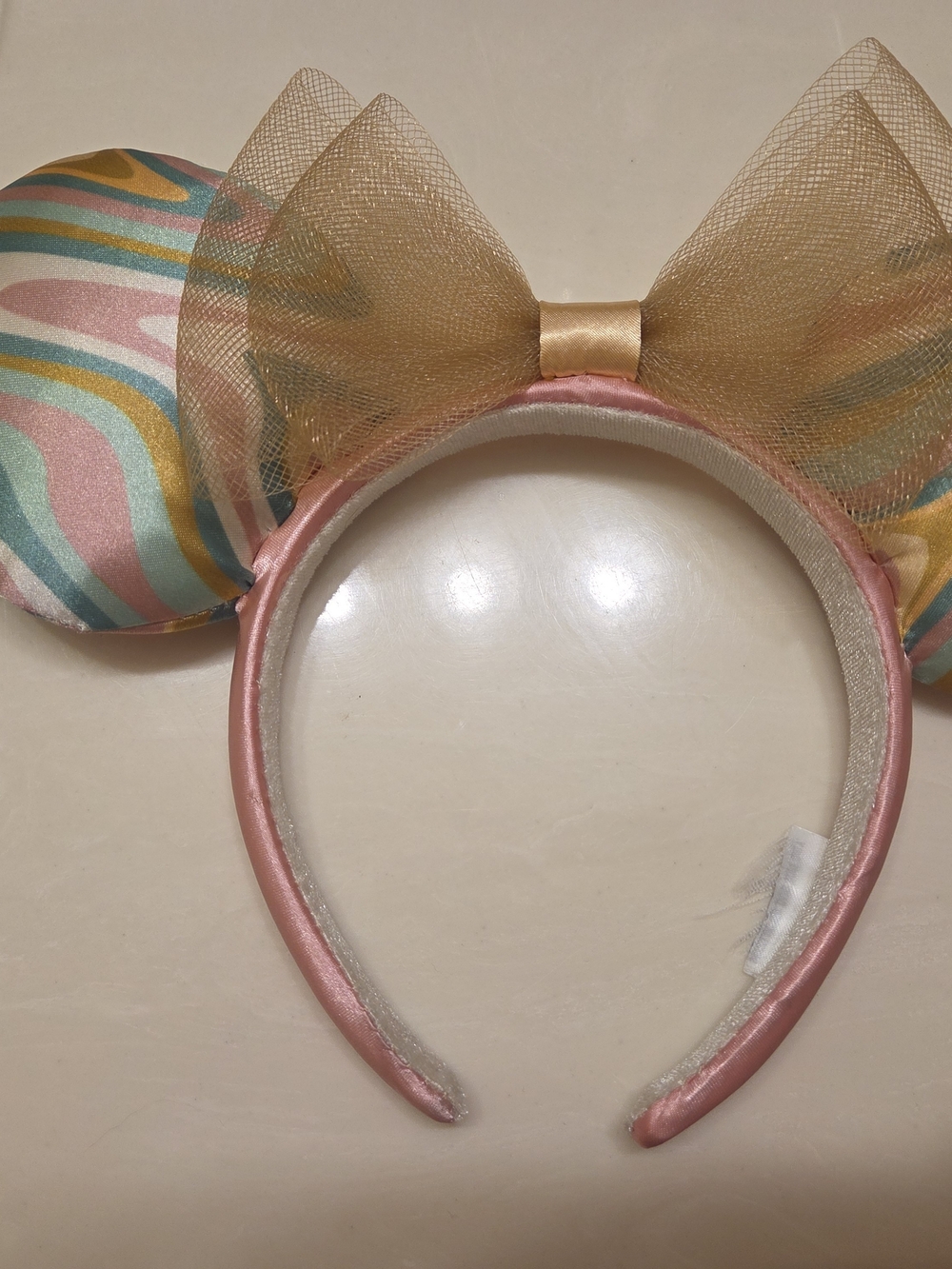 Pastel Swirl Bow Headband with Gold Mesh Bow - Pink